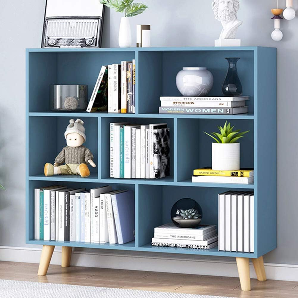 IOTXY Wooden Open Shelf Bookcase - 3-Tier Floor Standing Display Cabinet Rack with Legs, 5 Cubes Bookshelf, Bright Blue