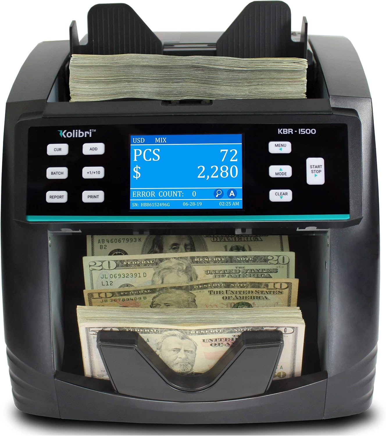 KBR-1500 Bank Grade Mixed Denomination Money Counter Machine, Sorter and Value Reader with Advanced Counterfeit Detection (UV/MG/MT/IR/2CIS), Multi-Currency (USD/CAD/MXN), Printing Enabled
