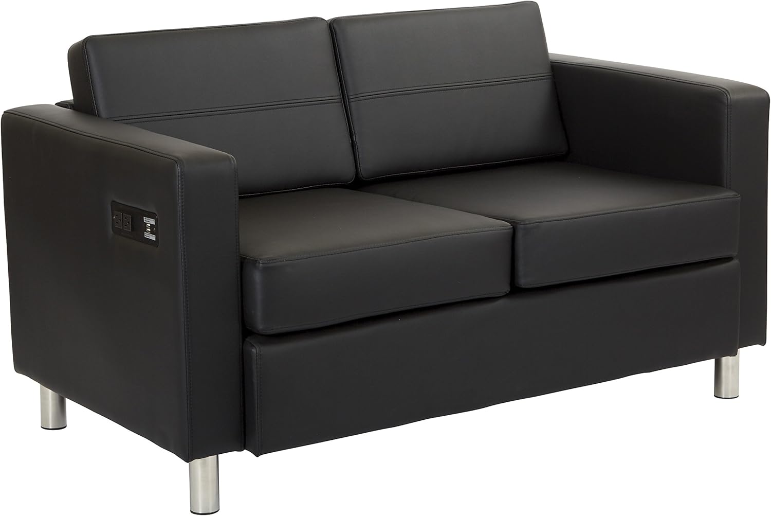 Office Star Atlantic Loveseat with Silver Finish Legs and Dual Charging Station, Black Dillon Fabric