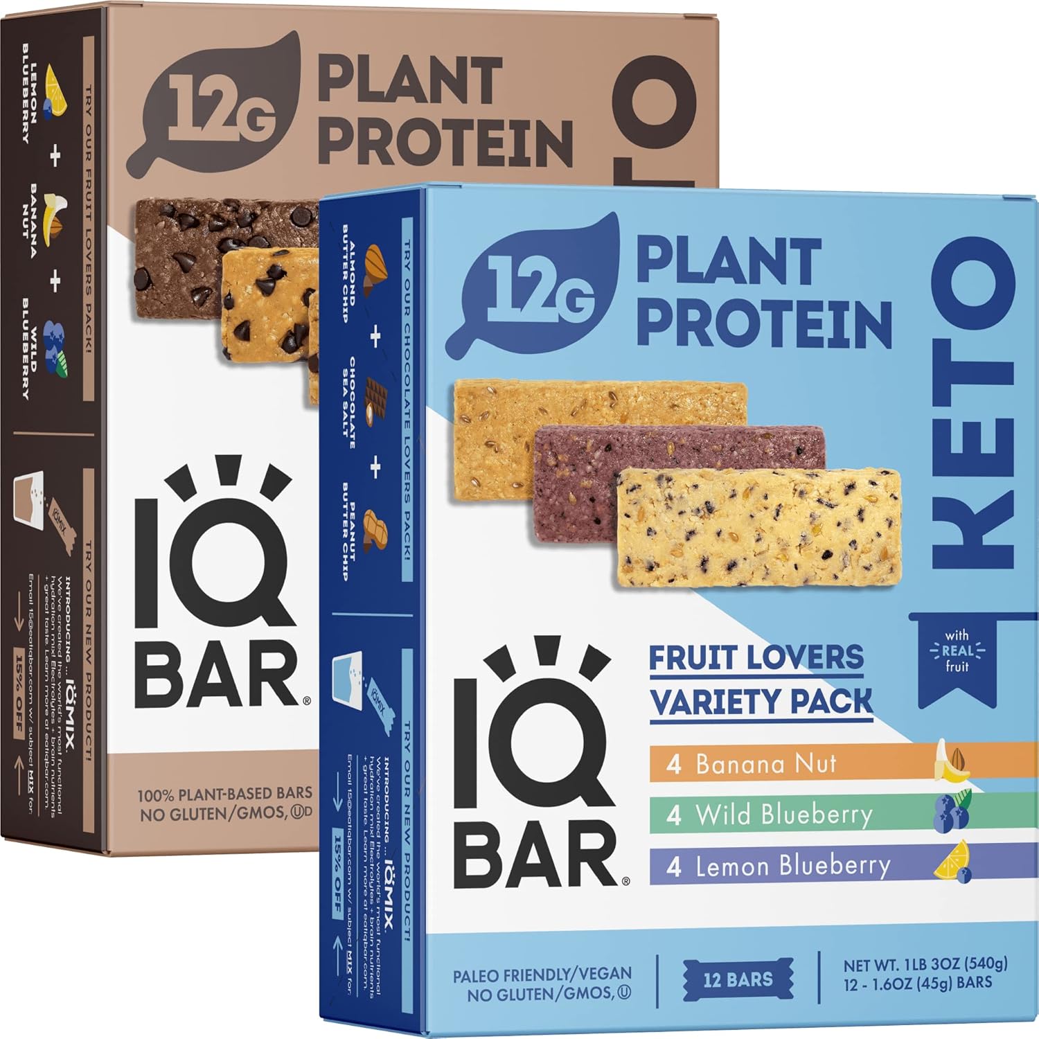 IQBAR Brain and Body Keto Protein Bars - Chocolate and Fruit Lovers Variety Keto Bars - 24-Count Energy Bars - Low Carb Protein Bars - High Fiber Vegan Bars and Low Sugar Meal Replacement Bars Pack of 2