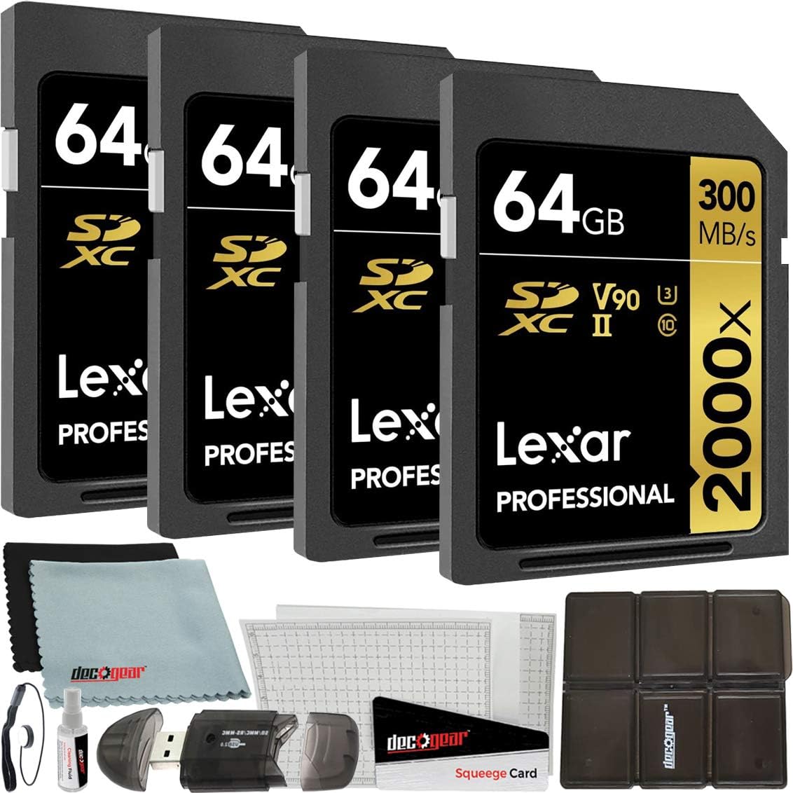 Lexar Pack of 4 Professional 2000x 64GB (256GB Total) SDXC UHS-II Memory Cards (LSD2000064G-BNNNU) Bundle w/Deco Gear Accessories Kit Includes Reader & Case + Screen Covers + Microfiber Cloth & More