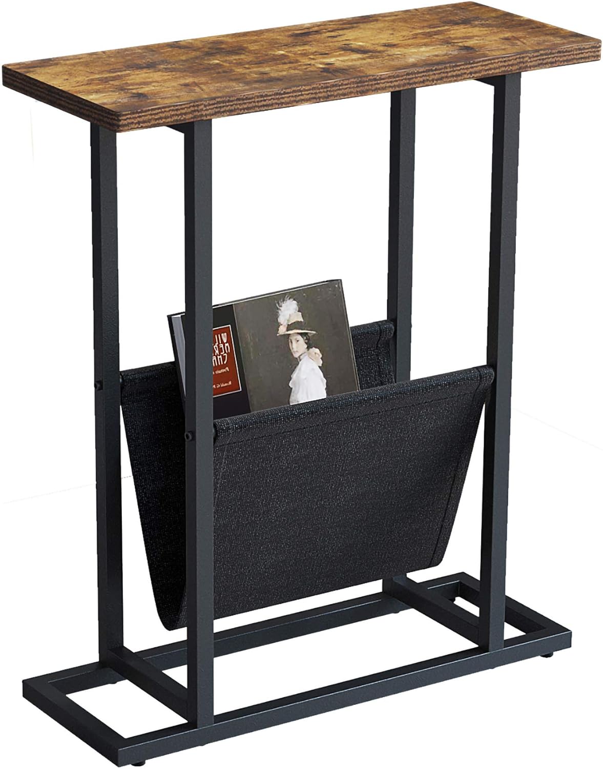 Yusong Retro Narrow Side Table,21-Inch Wood & Metal End Table with Magazine Holder,H Shape Industrial End Table with Storage Holder,Rustic Brown Pack of 2