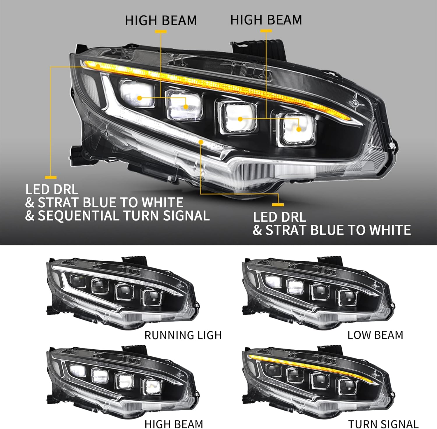 VLAND LED Projector Headlight Assembly Compatible for [ 10TH Gen Honda Civic Sedan / Coupe / Hatchback / Type R 2016 2017 2018 2019 2020 ] with Sequential Turn Signal, LED Start-Up Blue DRL