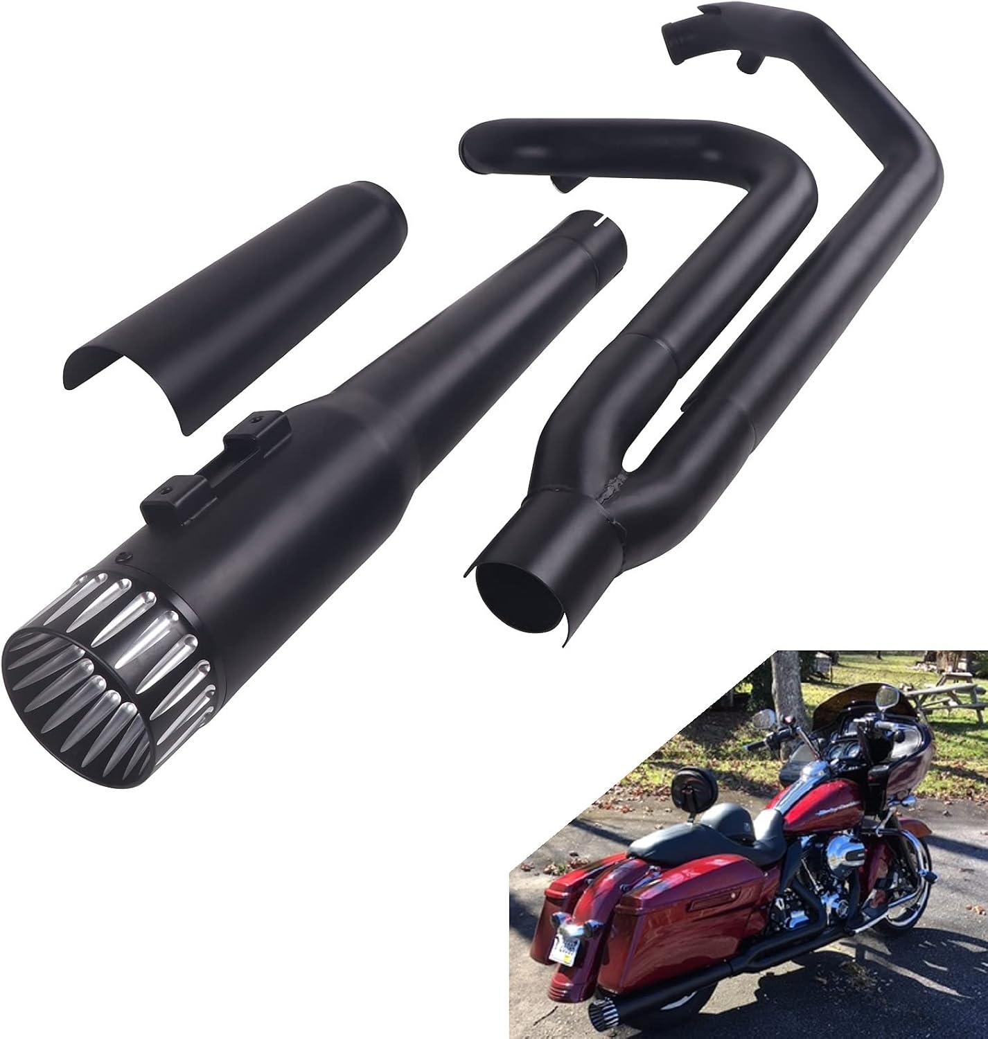 SHARKROAD Matte Black 2 Into 1 Exhaust for Harley Touring 1995-2016 Bikes, Loud Amazing Tone and Better Powerful Performance