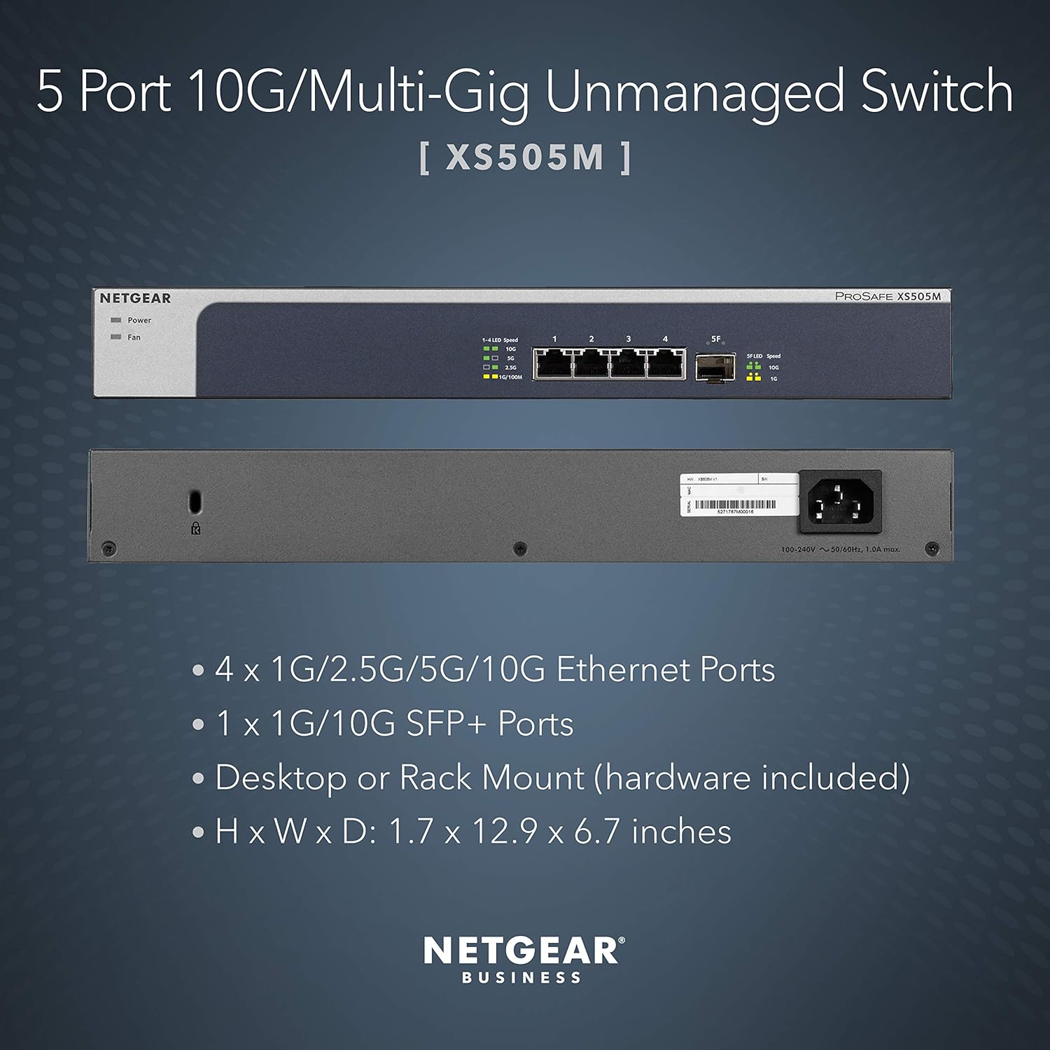 NETGEAR 5-Port 10G Multi-Gigabit Ethernet Unmanaged Switch (XS505M) - with 1 x 10G SFP+, Desktop or Rackmount, and Limited Lifetime Protection