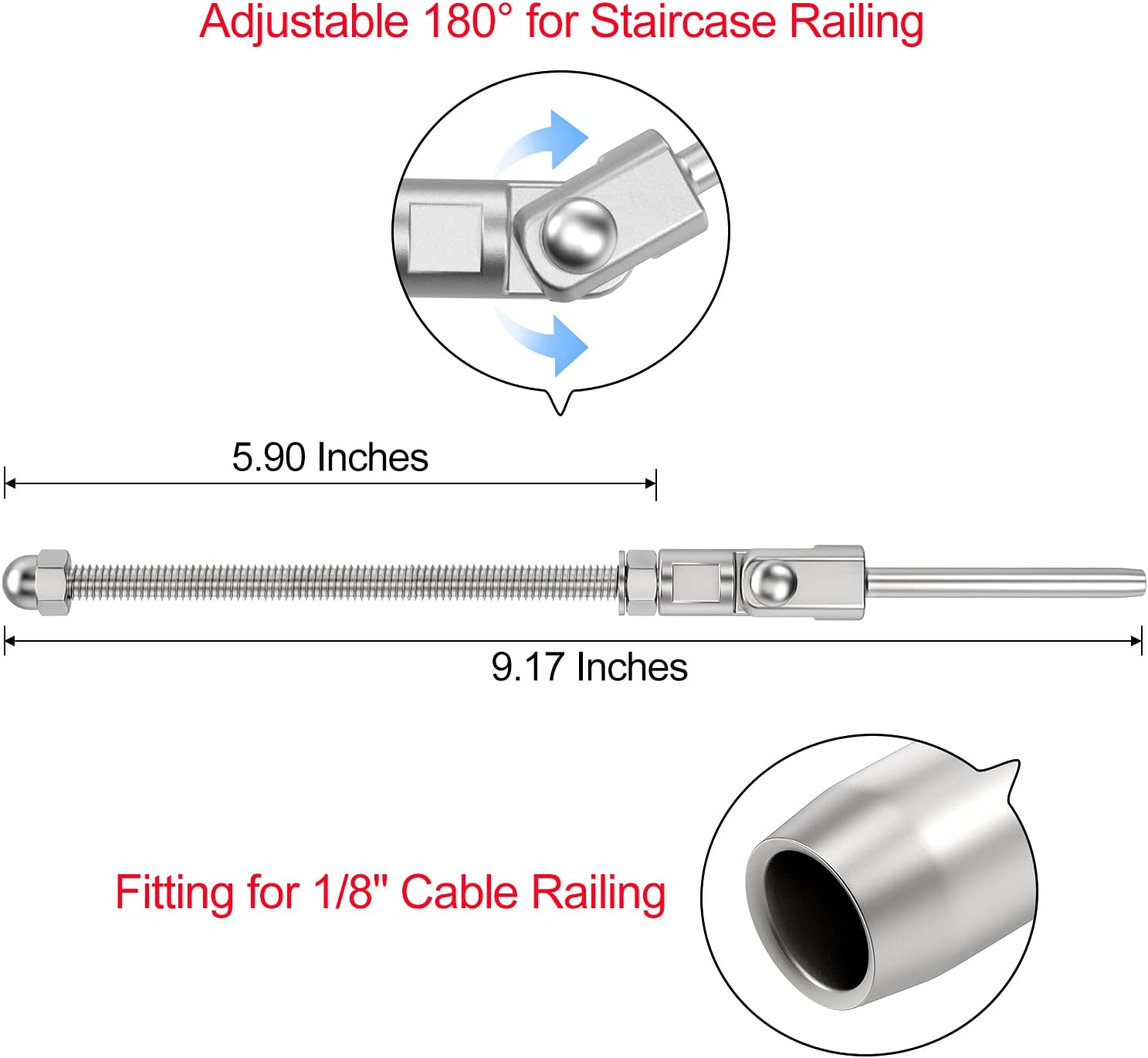 [Patent]CKE 20 Pack T316 Stainless Steel 180&deg; Adjustable Angle Cable Railing Swage Threaded Stud Tension End Fitting Terminal for 1/8