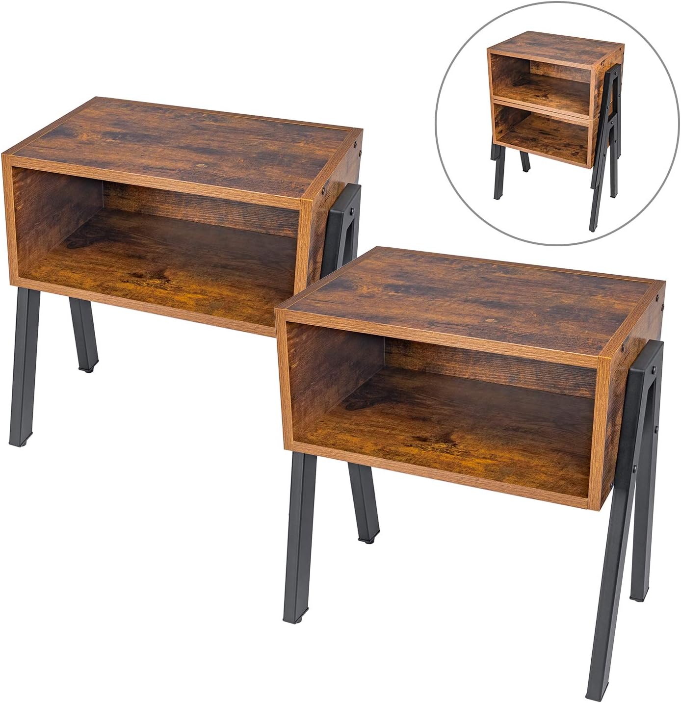 Nightstand, Set of 2 Stackable End Table, Side Table for Small Spaces, Industrial Accent Furniture, Metal Frame, Rustic Brown