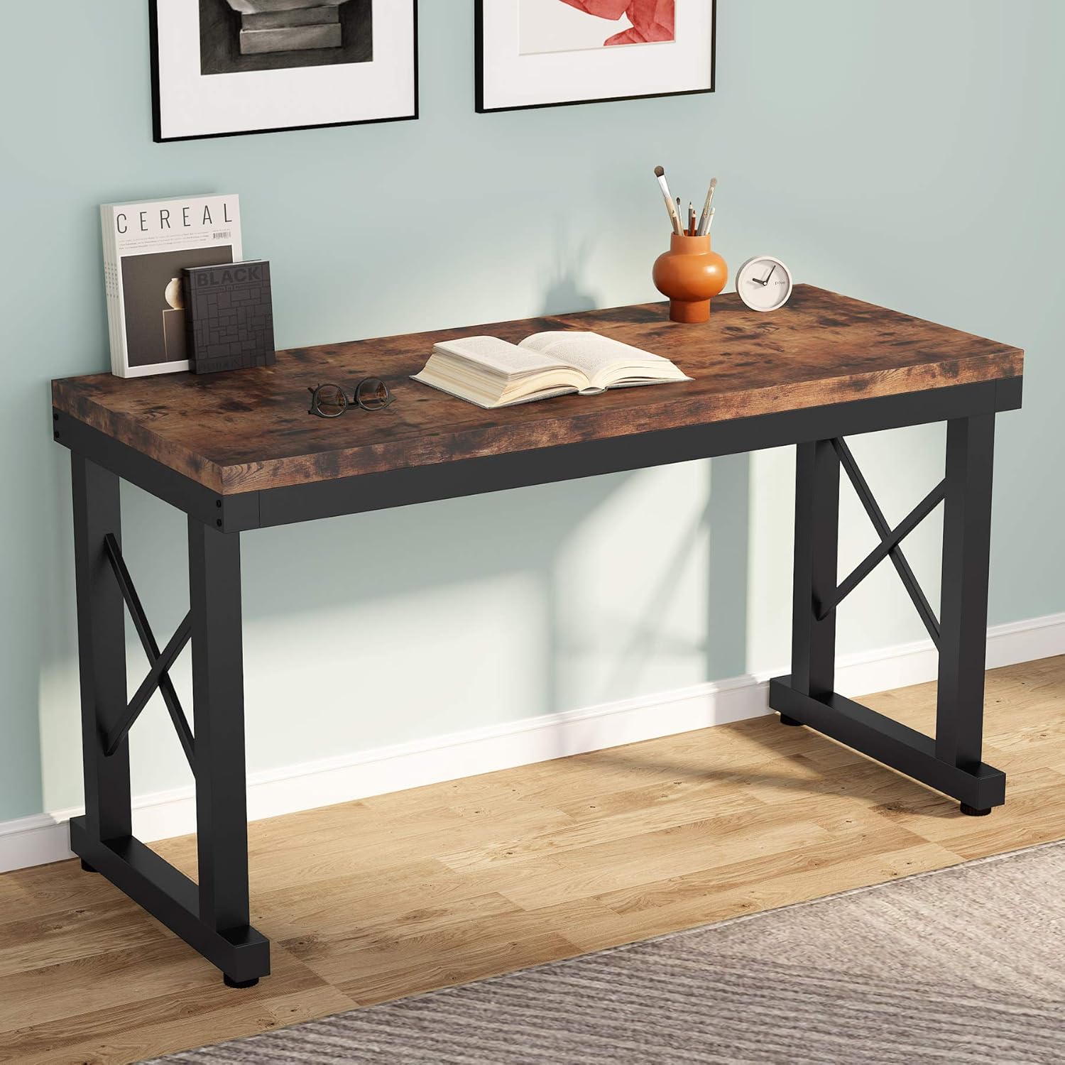 Computer Small Study Writing Desk 55 Inche，Simple Industrial Desk,Computer Workstation,Student Desk with Adjustable Feet Pads,Home Office Desk for Small Space，Living Room,Bedroom(Brown)