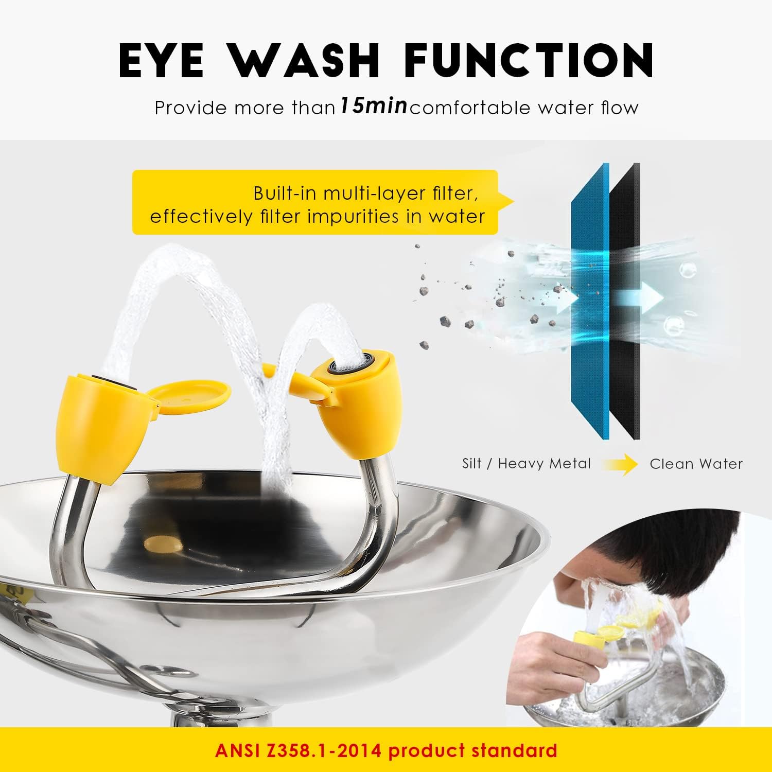 CGOLDENWALL Eye Wash Station Pedestal Mounted Eyewash Station Emergency Eye Face Washing Station, 304 Stainless Steel Bowl+Pedal, NPT Thread