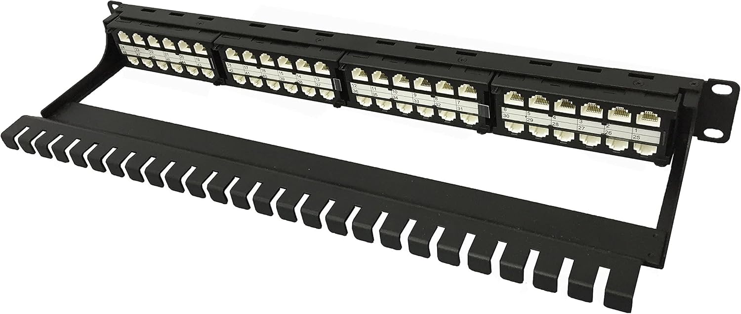 R.J. Enterprises -HDPP-C6-48 ONE U-No Punch Down,Cat6,Patch Panel (10 Gig,Tool-Less, Feed Through,High Density) 48 Port in 1 U-Rack Mount-Data Center-Telecom Room,Collocation,PoE+ Compliant, Ethernet