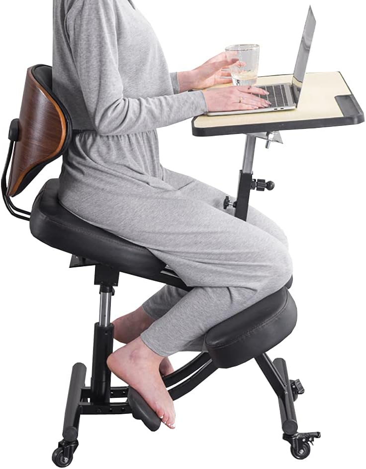 YOOMEMM Kneeling Chair with Integrated Laptop Desk,Balance Chair with Wood Backrest,Height & Tilt Angle,Posture Correcting,Black