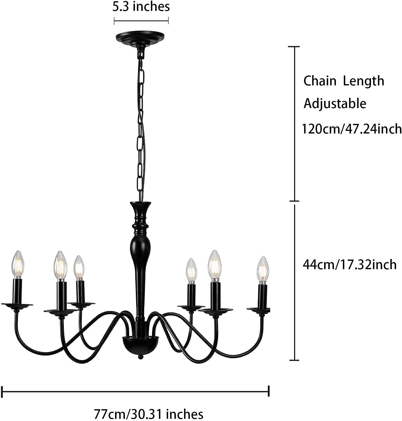 Riomasee Rustic Farmhouse Chandelier 6-Lights Black Chandelier Metal Candle Pendant Light Fixture for Dining,Living Room,Foyer,Bedroom,Kitchen Island 30.34 Inches