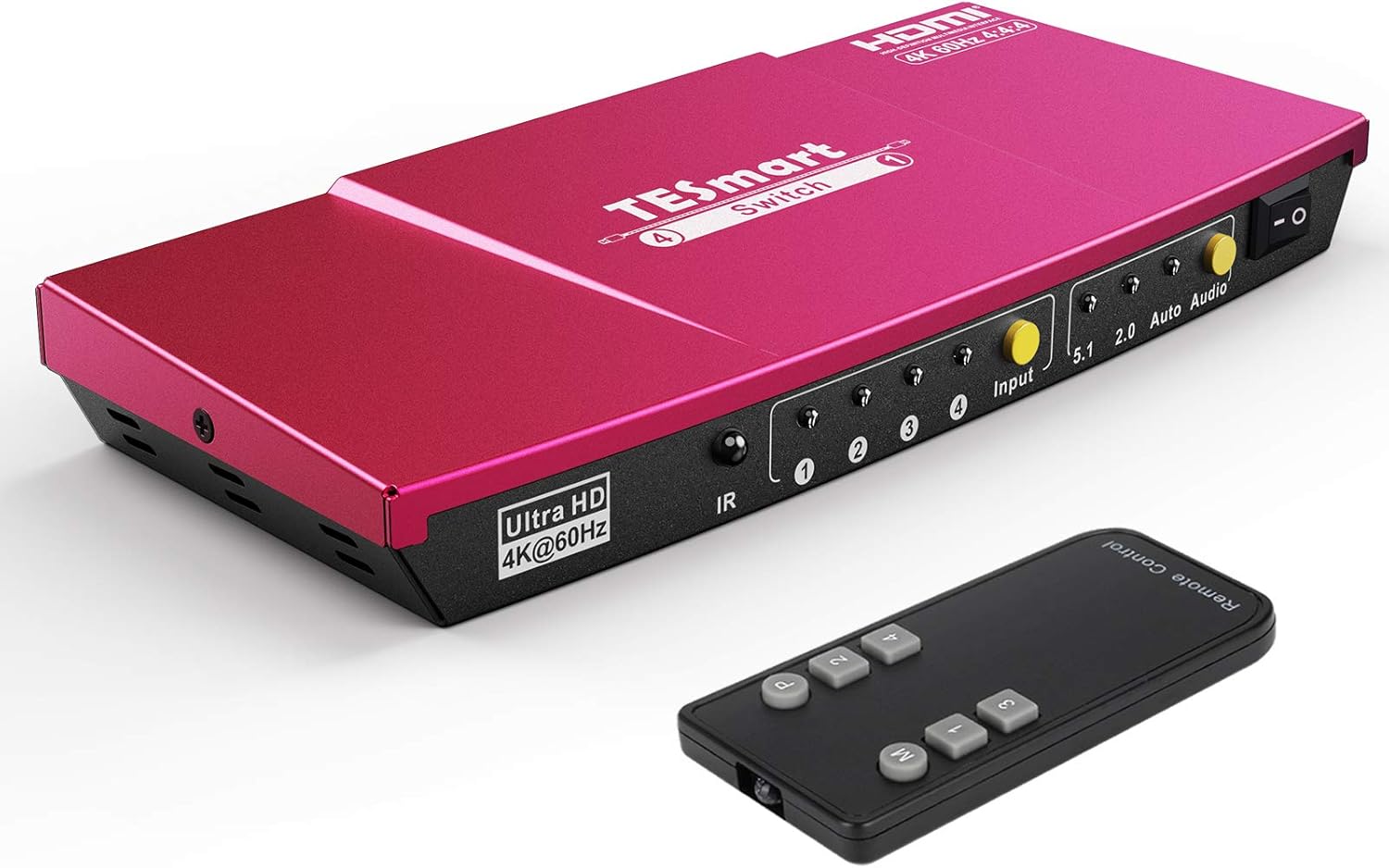 TESmart 4x1 HDMI Switch Supports 4K60Hz 4:4:4 4 Port Ultra HD HDMI Switch with Optical & L/R Audio Output and Wireless IR Remote Control(Red) Pack of 2