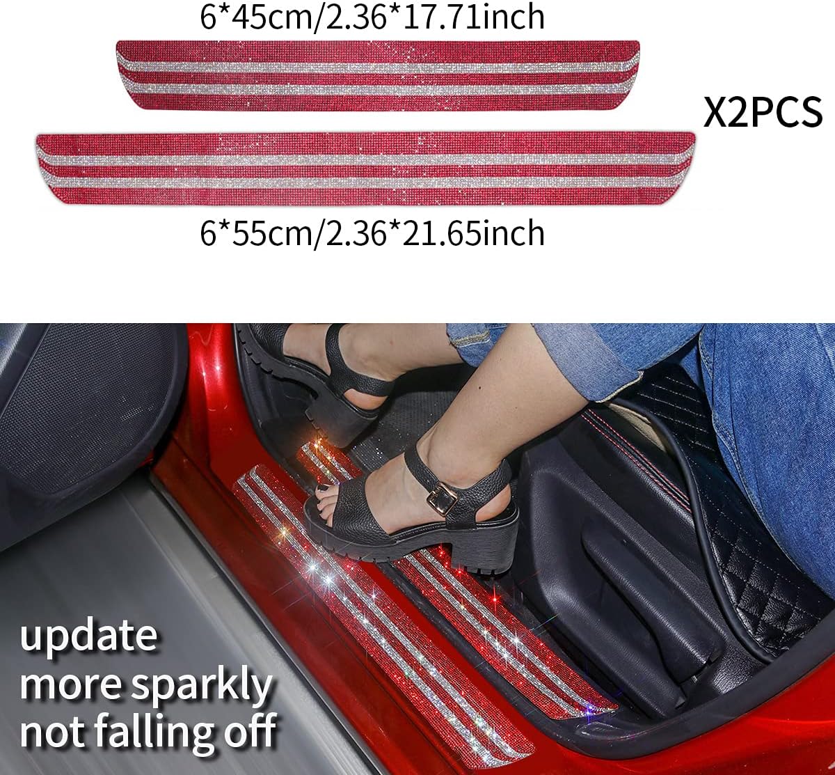 Lady Crystal 2 Packs Sparkle Threshold Plate Door Entry Guard Protective Stickers,Bling Car Door Protectors,Scratch-Anti Rhinestone Car StepTrims Accessories,21.7''2.4'', (Red)