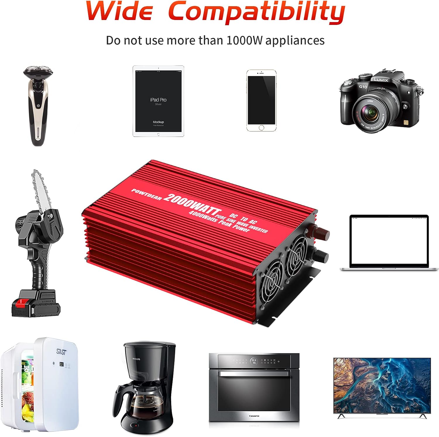 POWTDEAR Power Inverter 2000 Watt, Power Converter 2000W DC 12V to 110V AC Car Inverter with 2.4A USB Ports 3 AC Outlets