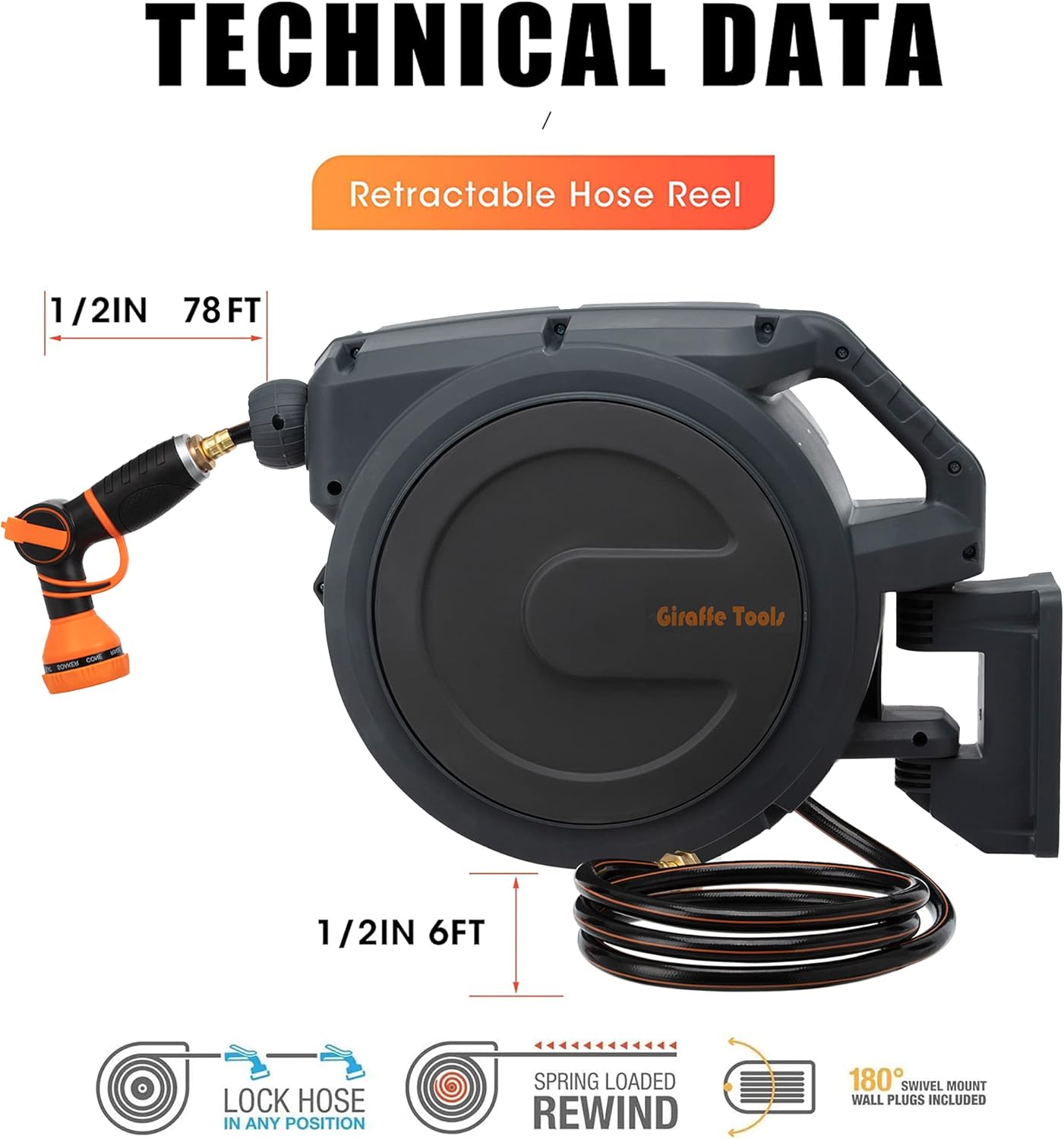 Giraffe Wall Mounted Hose Reel Retractable, 1/2