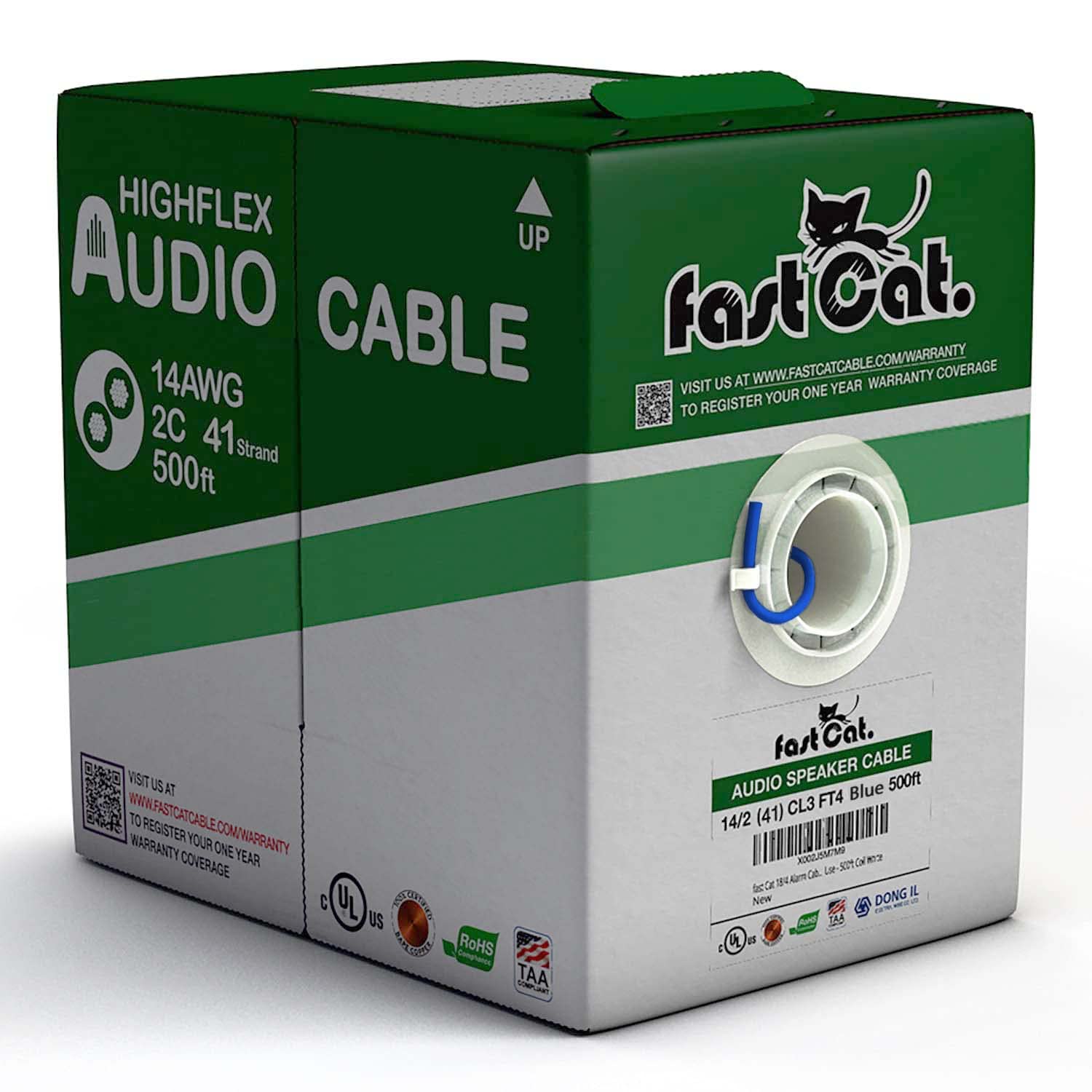 fast Cat. 14/4 41 Stranded Blue Speaker Wire 500ft, 14 AWG/Gauge 4 Conductor - PVC Jacket - UL Listed & (CMR-CL3R-FT4) Rated in-Wall Use - 100% Oxygen-Free Pure Bare Copper (OFC) - Pull Box