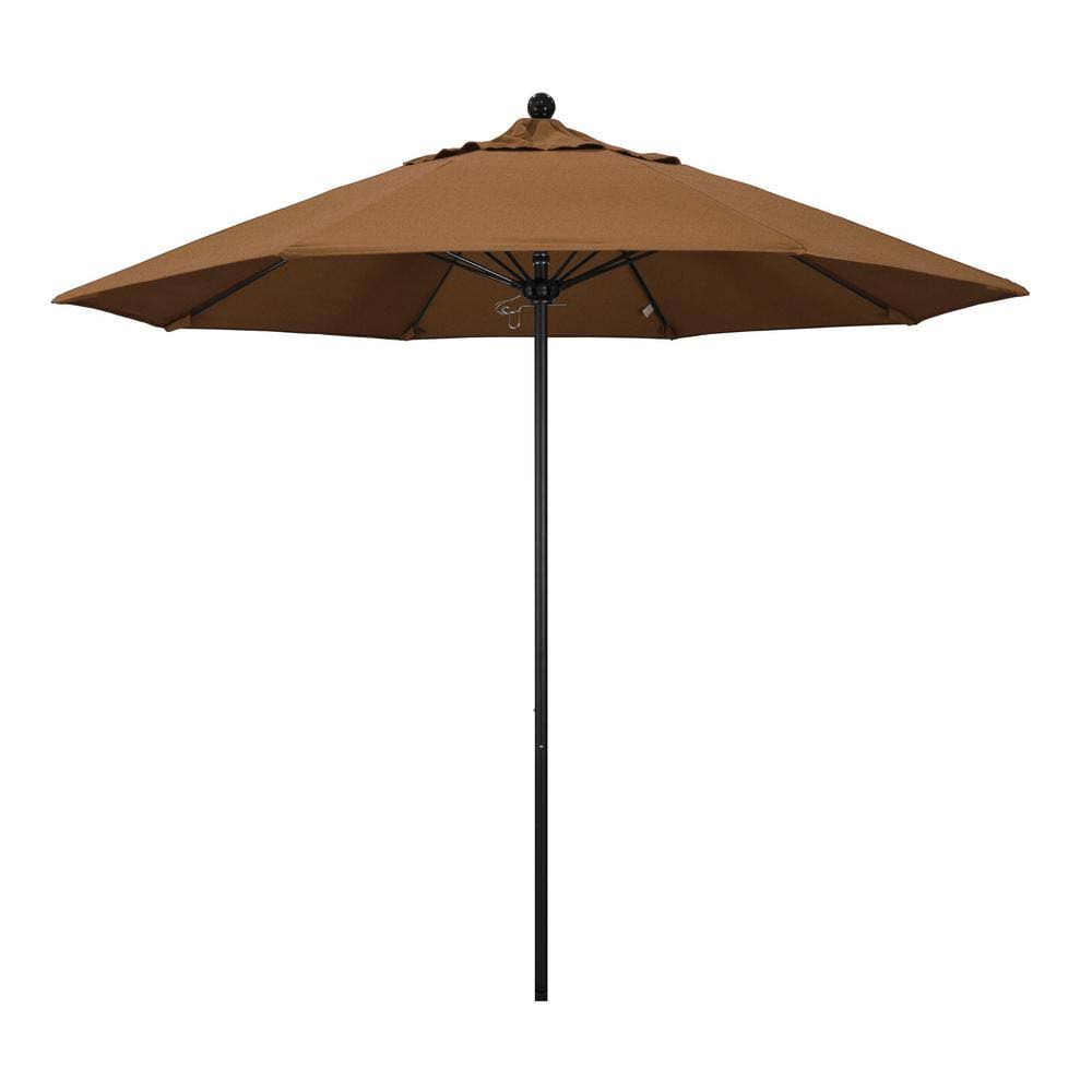 California Umbrella 9 ft. Stone Black Aluminum Market Patio Umbrella with Manual Lift and Fiberglass Ribs in Teak Sunbrella