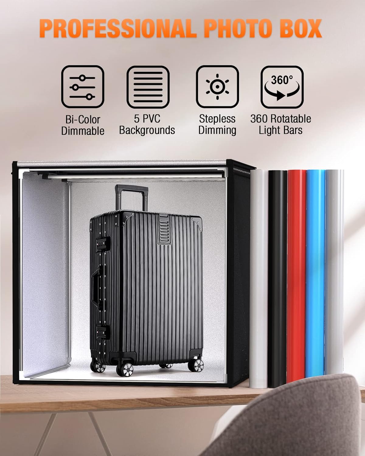 FOSITAN 32x32inch Bi-Color Dimmable Professional Photo Light Box with 5 Color Backdrops (Black, Blue, White, Red, Grey) & 126 LED Lights, Shooting Tent for Large Item Product Photography