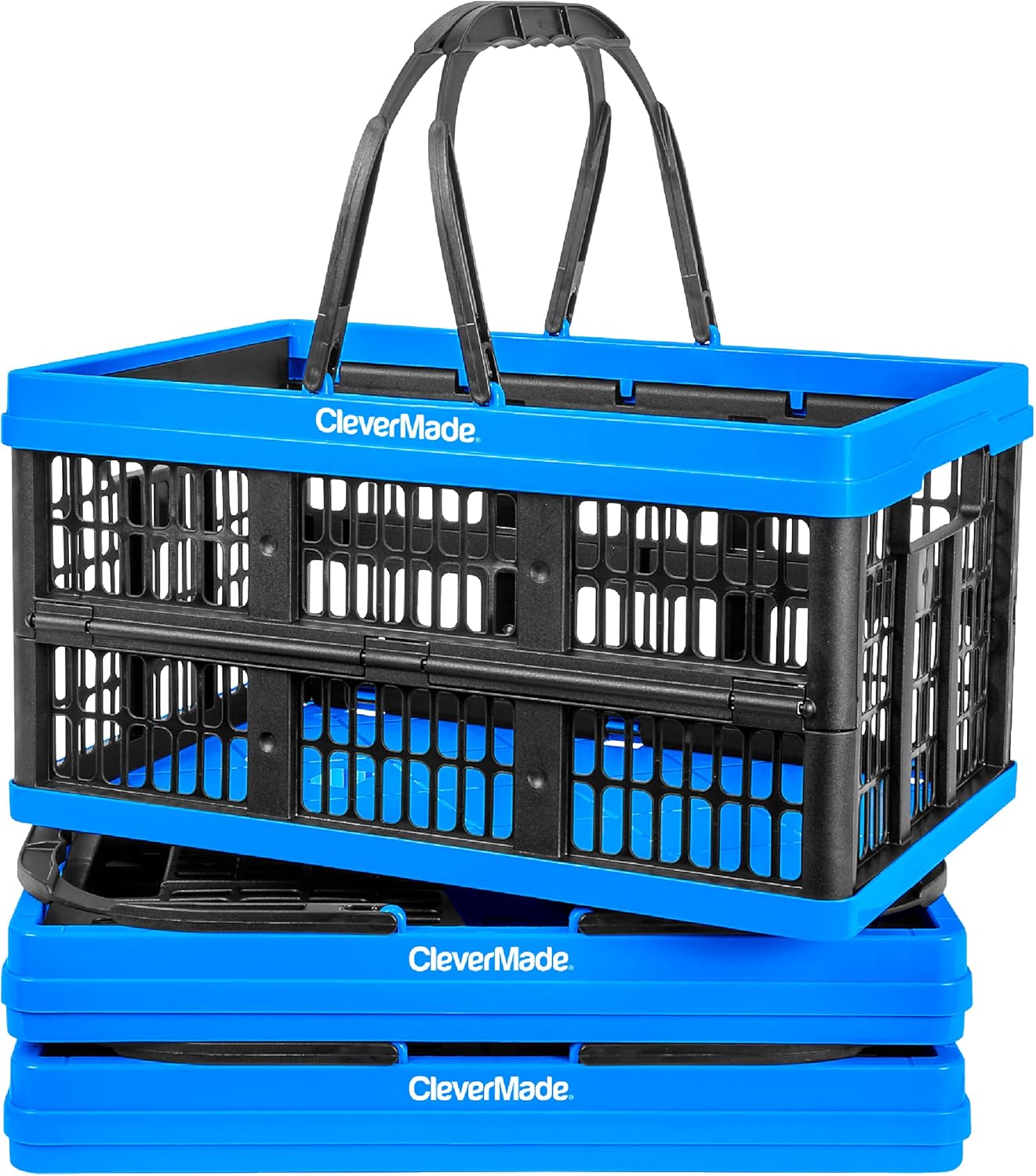 CleverMade Collapsible Plastic Grocery Shopping Baskets: Small Folding Stackable Storage Containers/Bins with Handles, Pack of 3, Bright Blue/Black Pack of 2