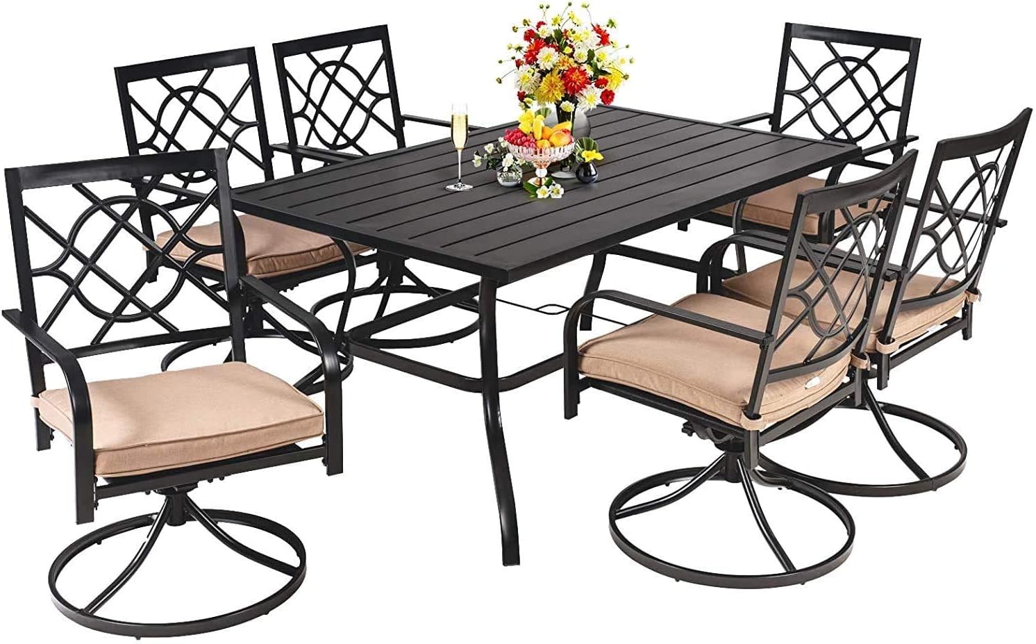 SOLAURA 7-Piece Outdoor Patio Dining Set, 6 Person Garden Dining Set Furniture with Steel Slat Table Top/Backyard Swivel Chairs, 1.57