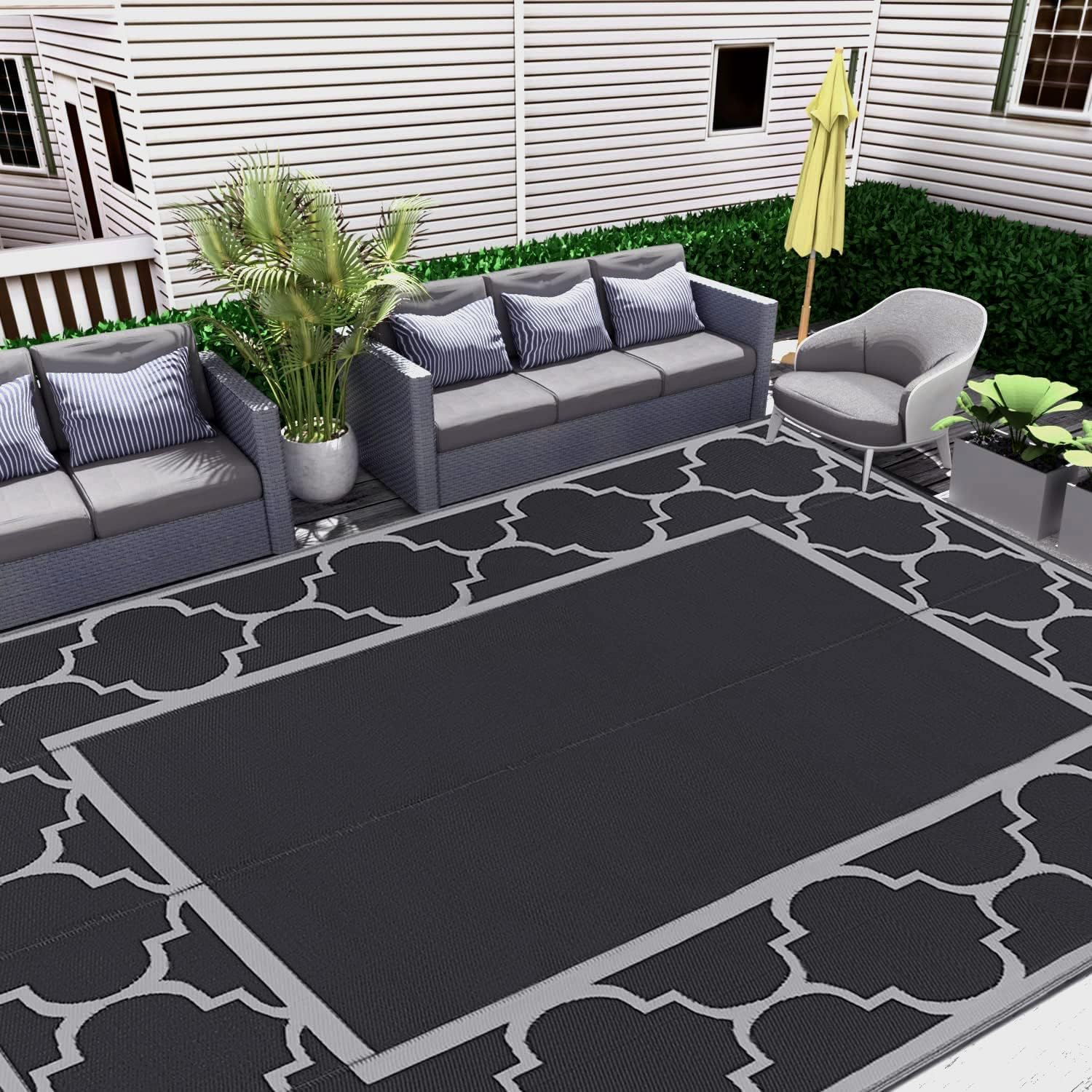 GENIMO 9'x12' Outdoor Rug for Patio,Reversible Plastic Waterproof RV Rugs,Clearance Large Mat,Porch,Camping,Deck,Camper,Balcony,Black & Gray