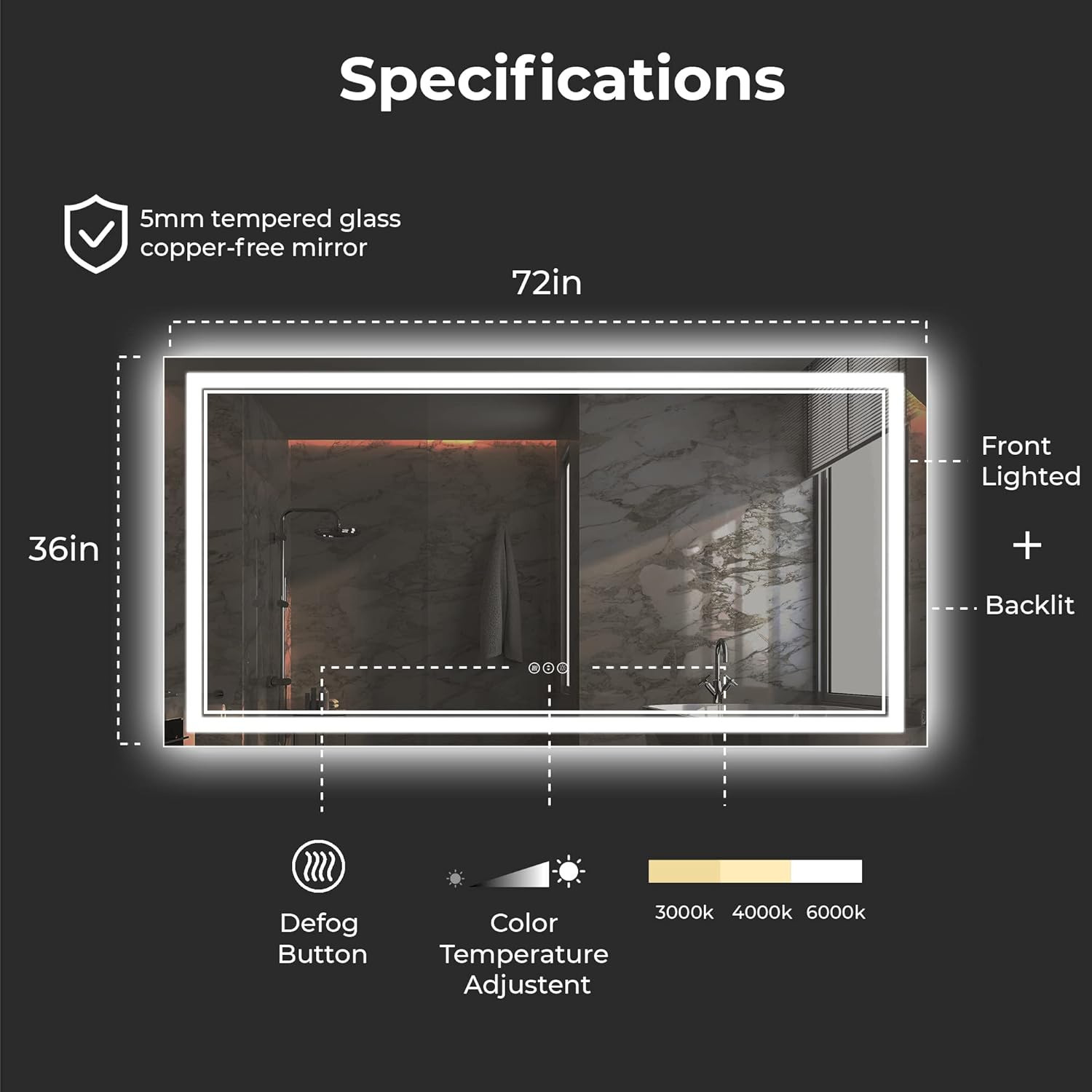 Awandee LED Bathroom Mirror with Lights 72x 36 Inch, Dimmable Large Vanity Wall Mirror with Anti-Fog, Shatterproof, Memory, 3 Colors, Backlit + Front Double Lighted, Wall Mounted, ETL Listed