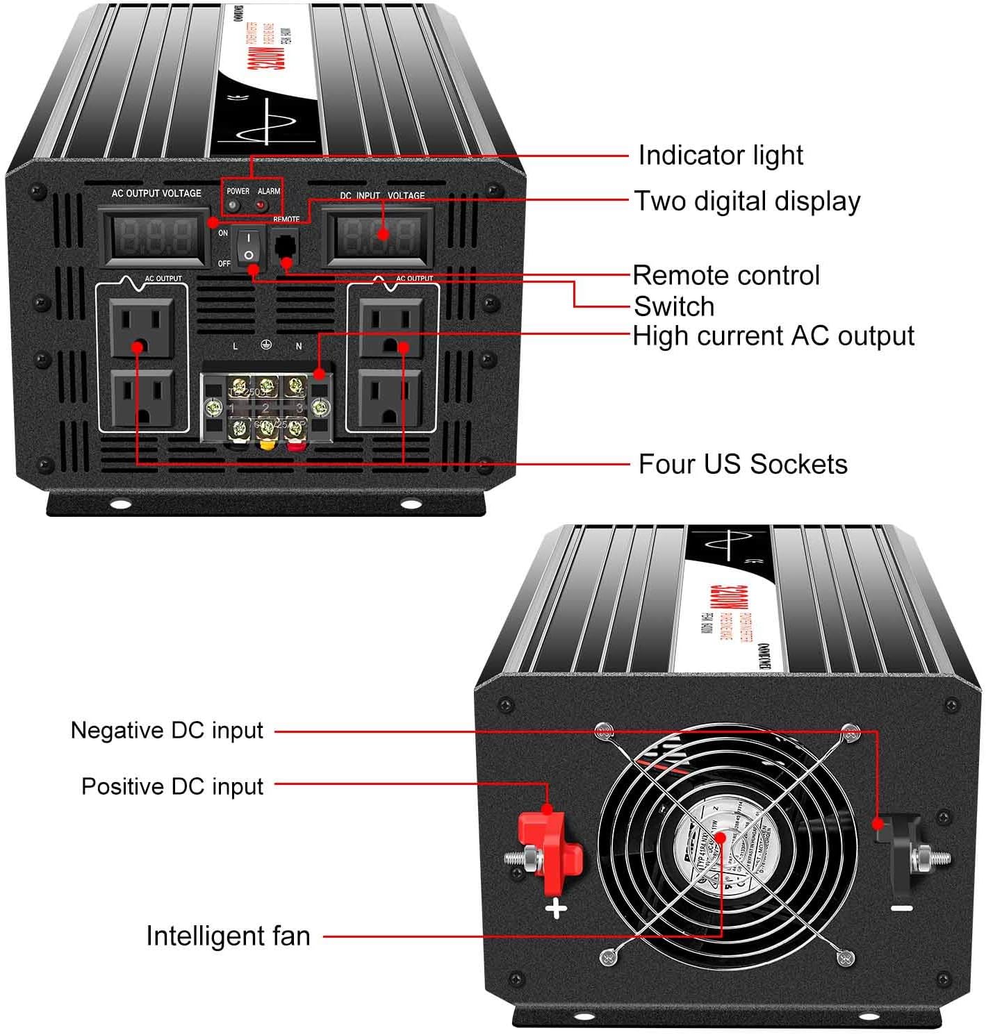 Xijia 3000W 3200W (Peak Power 6400W) Pure Sine Wave Power Inverter dc 12v to 110v ac Converter 60HZ Solar Converter for Home Use car (DC12V (Range 10V-15V) 3200W)