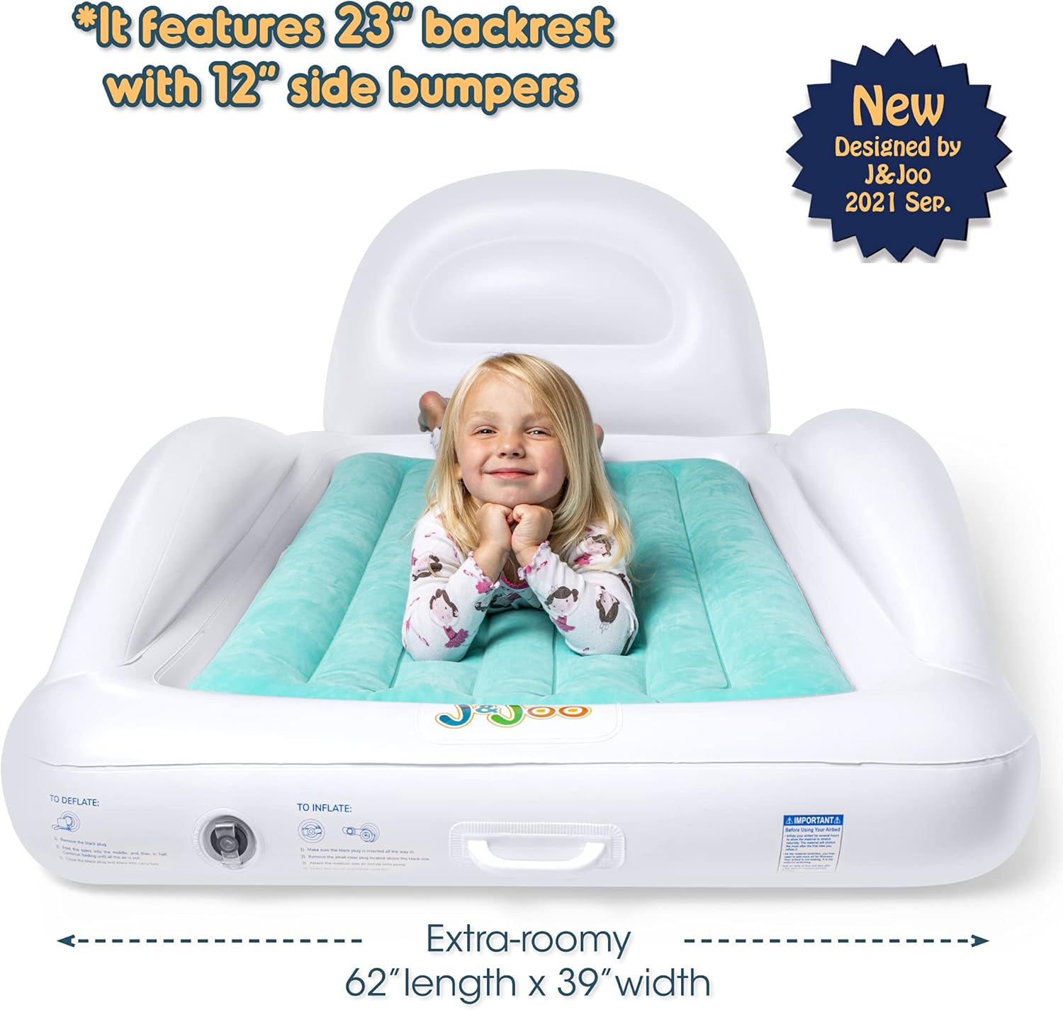 Inflatable Toddler Travel Bed, Multi-Purpose Portable Kids Air Mattress for Travel, Camping or Hotels w/ Built in Safety Bumpers & Backrest Includes High Speed Pump, Toddler Couch, J&Joo Pack of 2