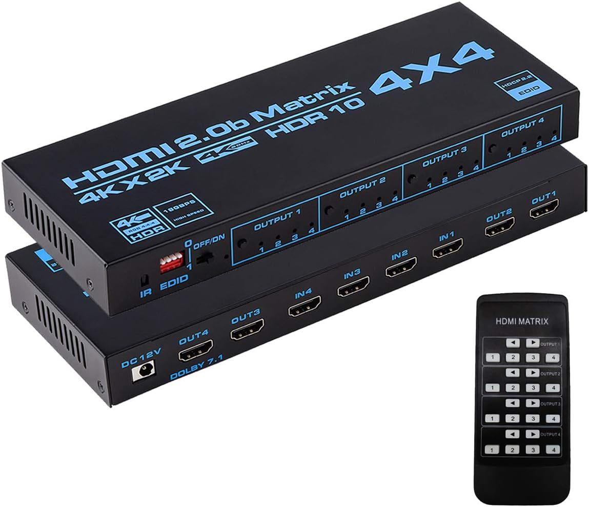 Enbuer HDMI Matrix Switch 4x4, 4K HDMI Matrix Switcher Splitter 4 in 4 Out Box with EDID Extractor and IR Remote Control Support 4K HDR, HDMI 2.0b, HDCP 2.2, 4K@60Hz, 3D, YUV 4:4:4