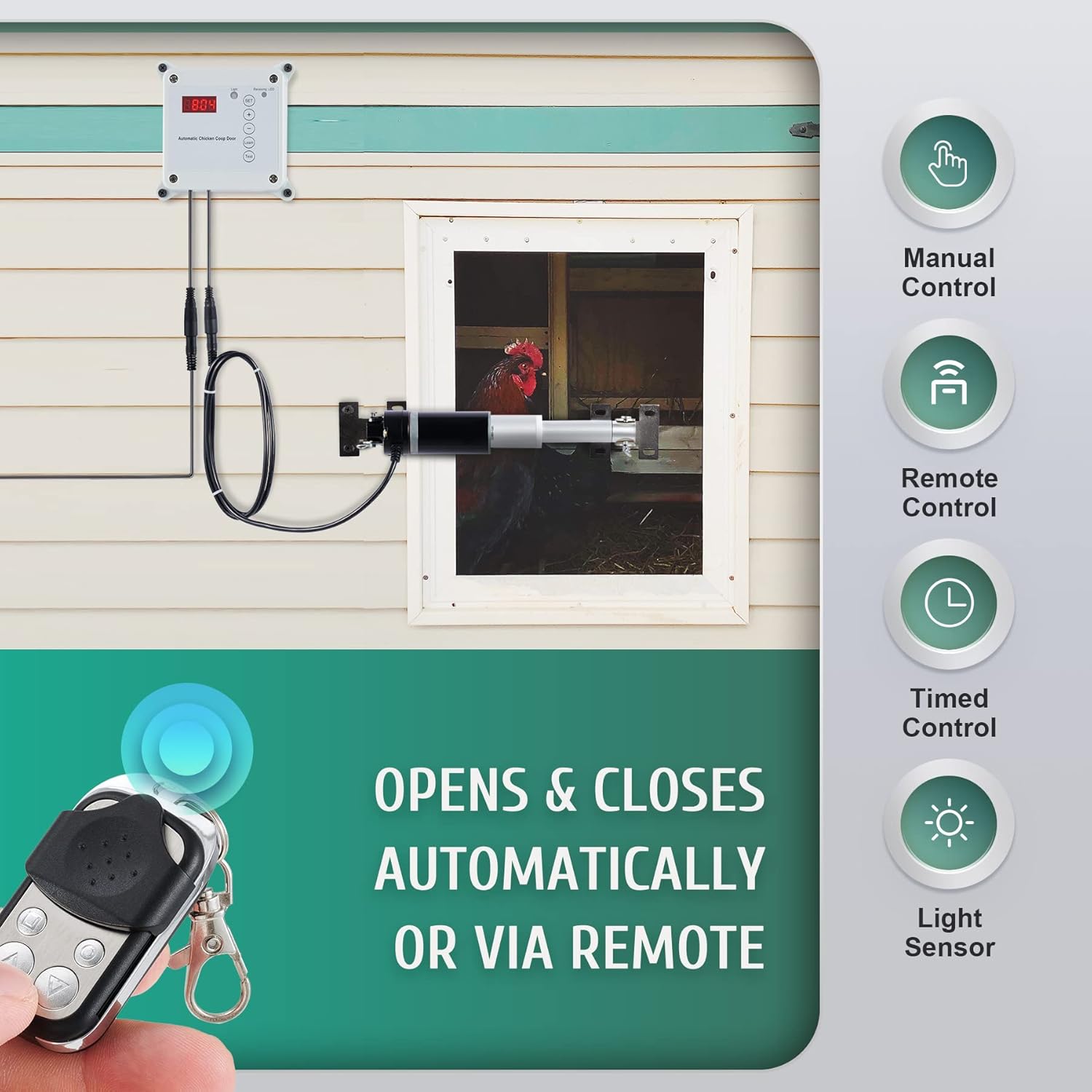 CO-Z Automatic Chicken Coop Opener with Safety Mechanism, Auto Chicken House Door Linear Actuators with Light Sensor & Remote Controls, Electric Poultry Swing Door Opener & Closer Motor Accessories