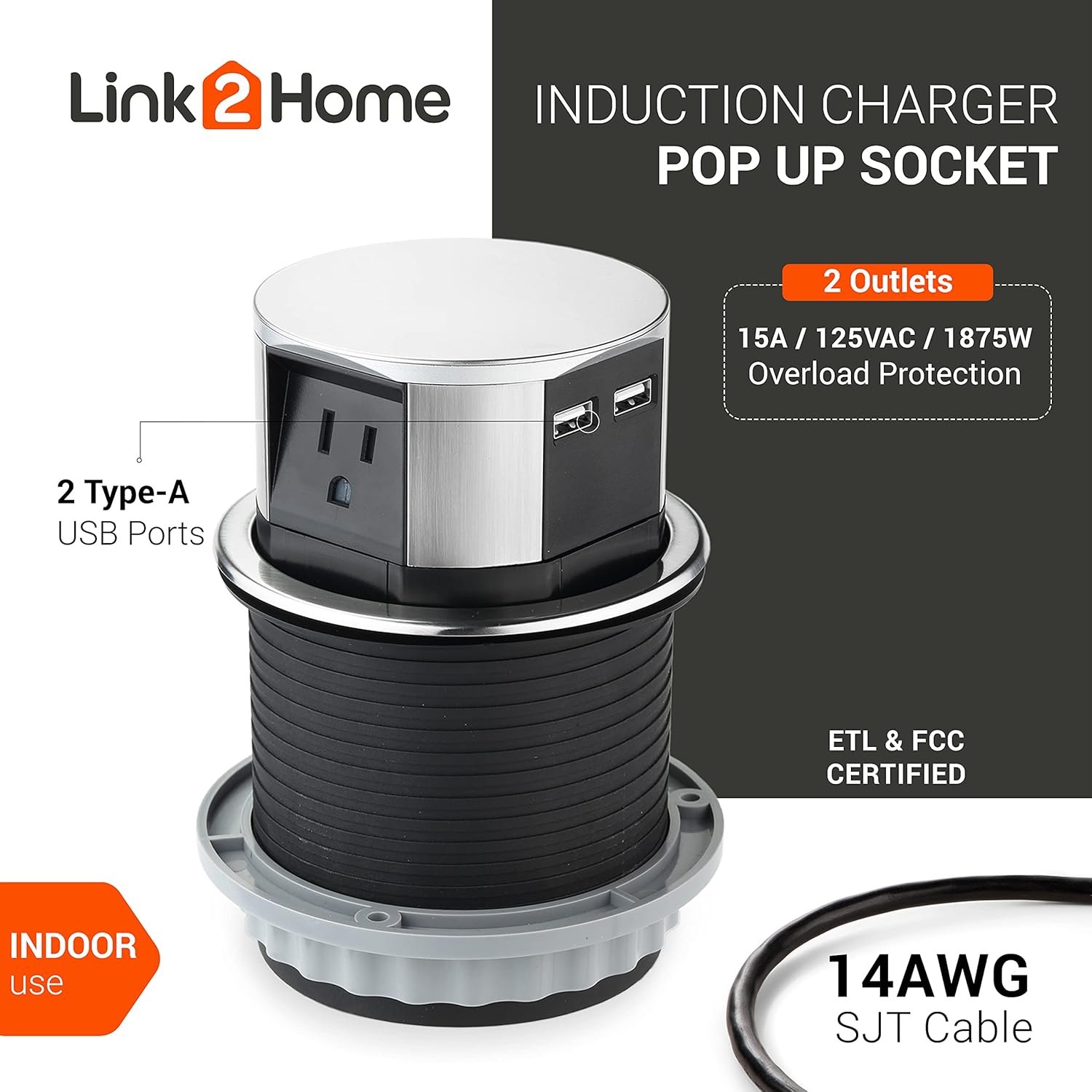 Link 2 Home Space Saver Pop Up Outlet with USB, 3 Power Outlets 15A, 2 USB Ports 2.4A Fast Charge, Splash Resistant, Stainless-Steel Finish, for Kitchen Counter Island, Office Table and Workshop