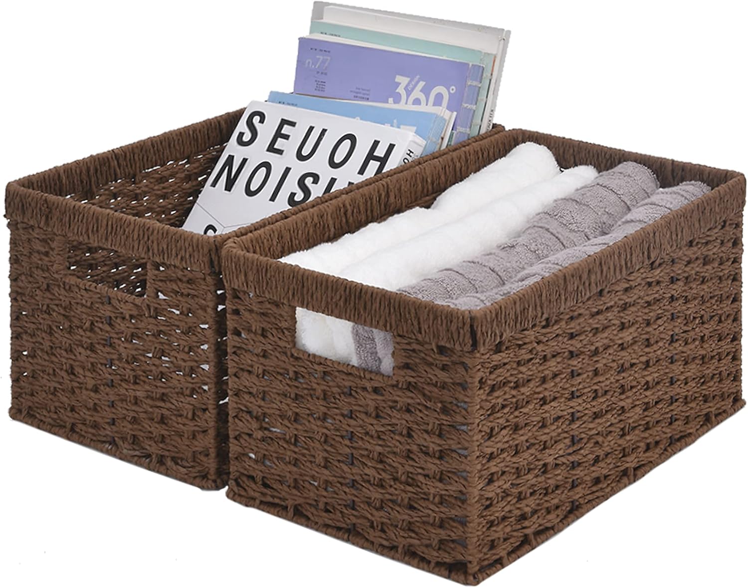 StorageWorks Water Hyacinth Storage Baskets, Rectangular Wicker Baskets with Built-in Handles, Medium, 13” x 8.4” x 7.1”, 2-Pack Pack of 2