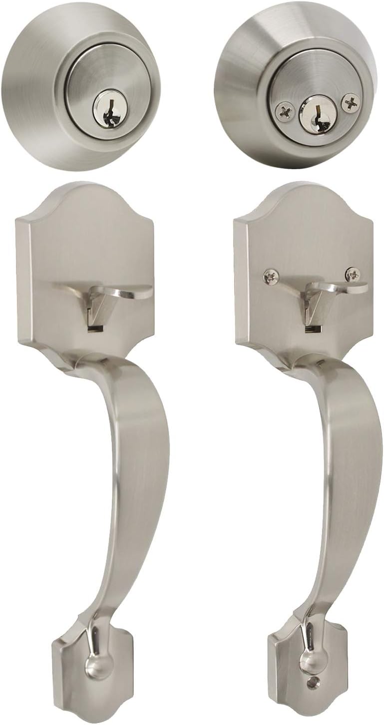Probrico Exterior Door Lock Set Brushed Nickel with Deadbolt, Double Cylinder Handleset Hardware with Two Keyhole, Transitional Contemporary Style Modern Lockset Pack of 2