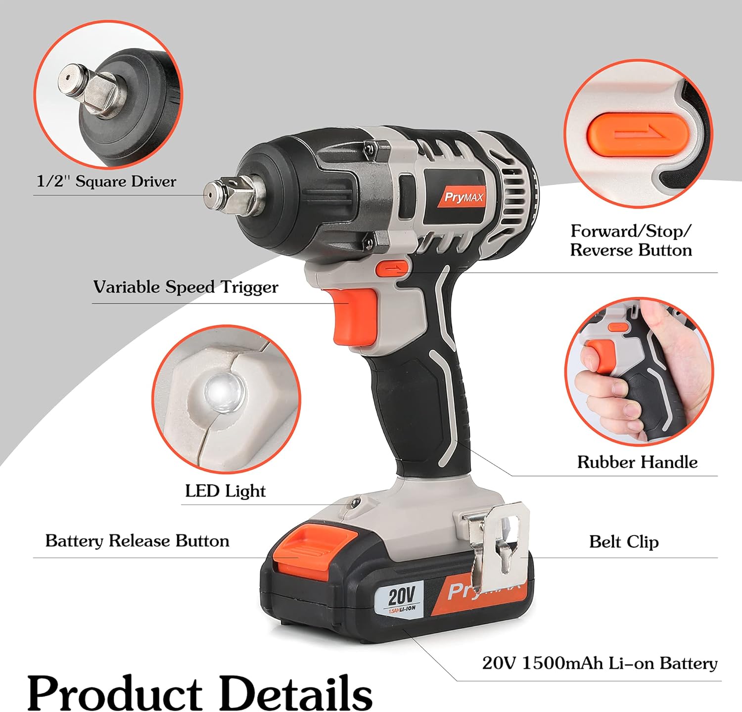 20V Cordless Impact Wrench 170Ft Pounds with LED Work Light Impact Wrench Kit 1/2
