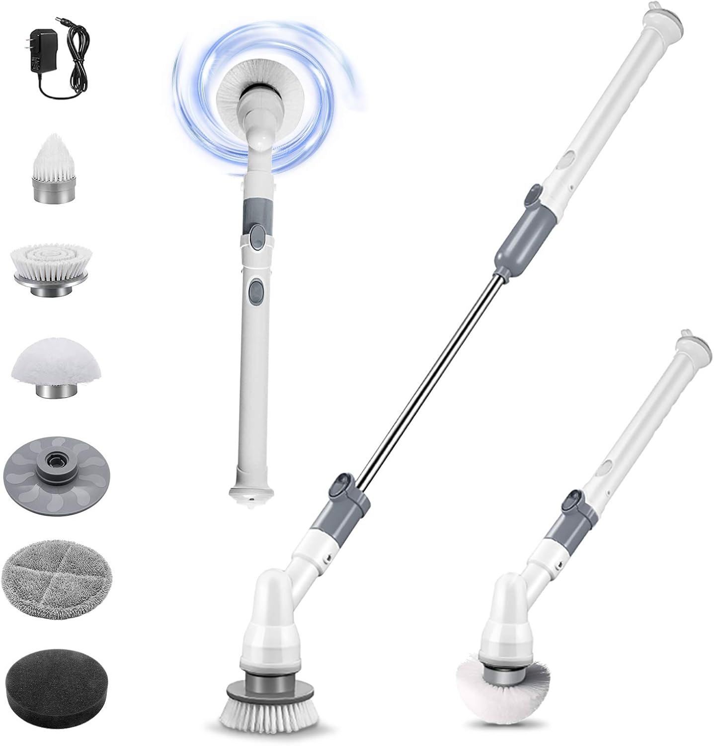 Electric Spin Scrubber Long Handle 360 Cordless Scrubbers with 6 Replaceable Brush Heads Power Cleaning Brush for Bathroom Tub Tile Cleaning Masthome.