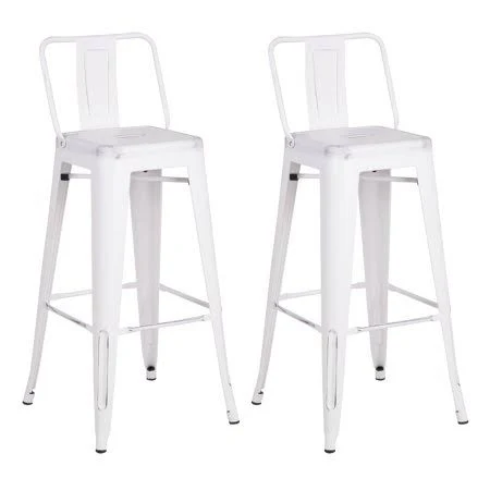 Distressed Metal Barstool with BACK, White 30-inch, Set of 2