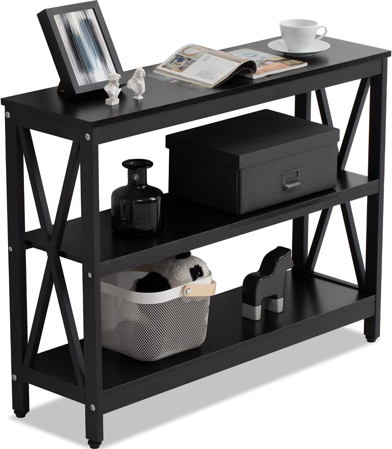 Tunbne 39.5'' Console Tables for Entryway 3-Tier Shelves Sofa Table Long Narrow Hallway Table Small Space Console End Table for Living Room (Black)