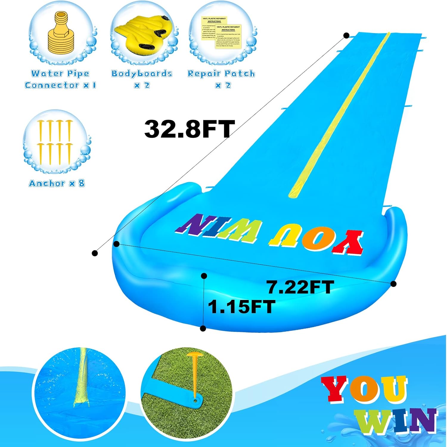 Evoio Lawn Water Slide, 32.8FT Water Slide for Kids and Adults with 2 Racing Lanes and 2 BodyBoards, Inflatable Splash Lawn Water Slip for Kids Backyard, Outdoor Summer Water Toys for Backyard Garden