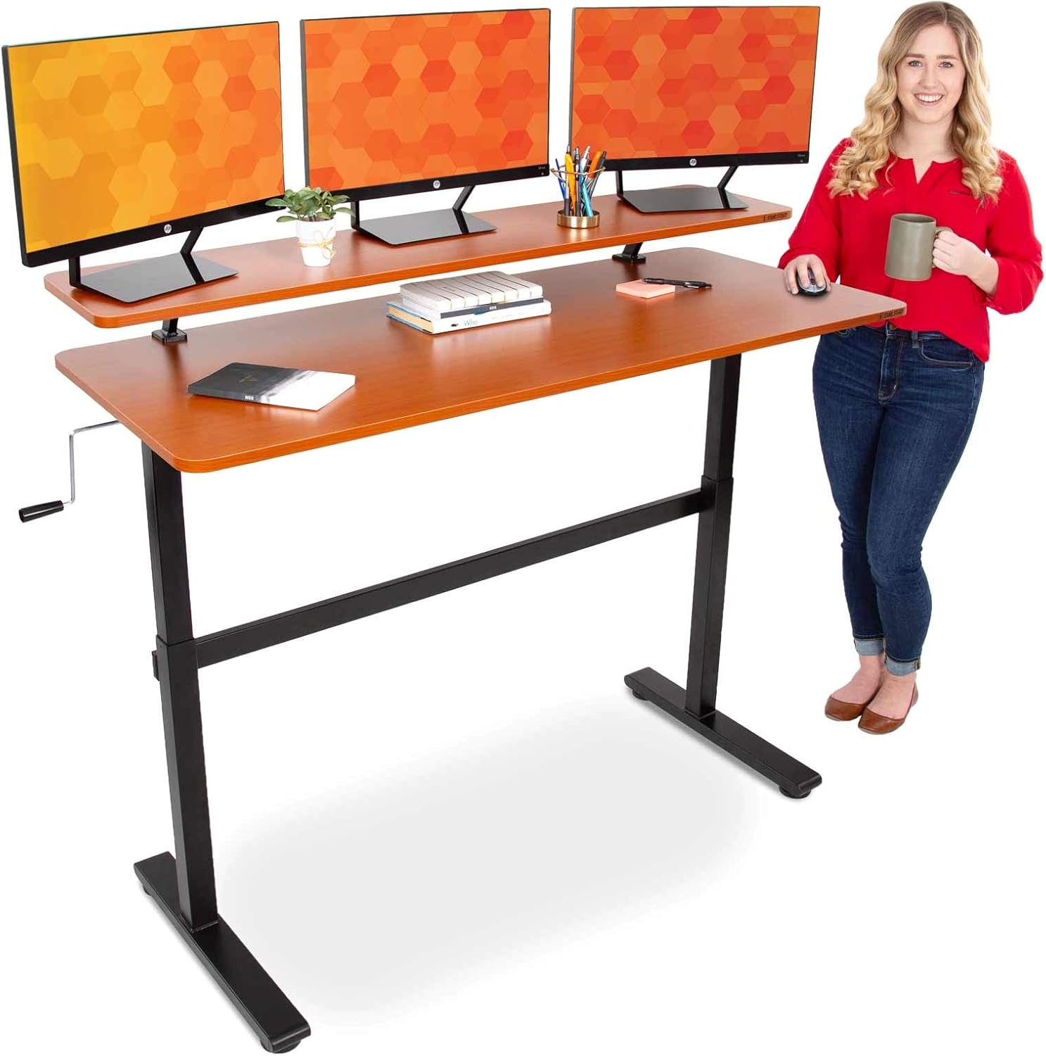 Stand Steady Tranzendesk | 55 Inch Standing Desk with Clamp On Shelf & Detachable Wheels | Crank Height Adjustable Sit to Stand Workstation | Monitor Riser Supports 3 Screens (55 in / Maple)