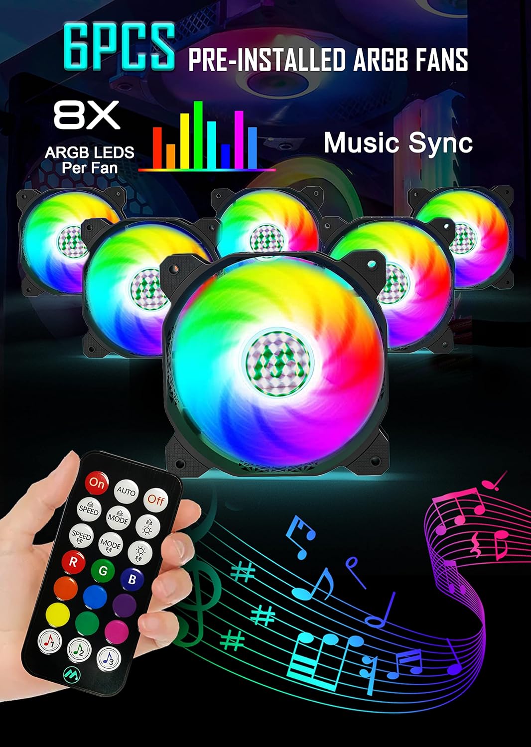 MUSETEX ATX PC Case with 6 Pcs 120mm ARGB Fans, Computer Gaming Case Mid-Tower Phantom Black, Tempered Glass Computer Chassis, USB 3.0, MN6-B