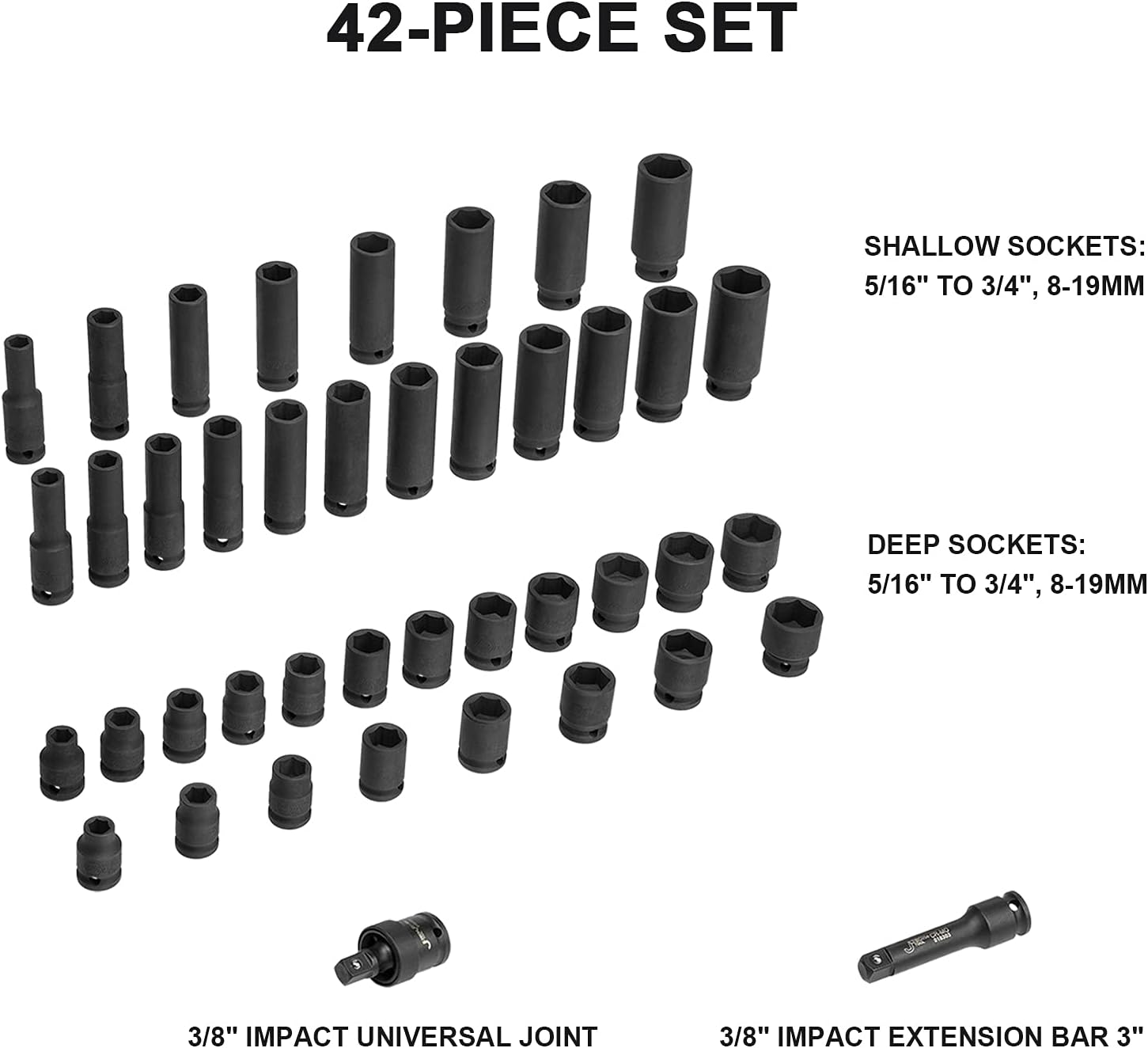 Jetech 42 Piece 3/8 Inch Drive Impact Socket Set, SAE (5/16