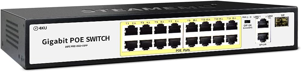 STEAMEMO 16 Port PoE+ Switch with 16 PoE+ 100Mbps Ports @ 200W Built-in Power + 2 Gigabit Uplink, 1 x 1G SFP, 802.3af/at, Extend to 250Meter, Unmanaged Metal Plug and Play Pack of 2