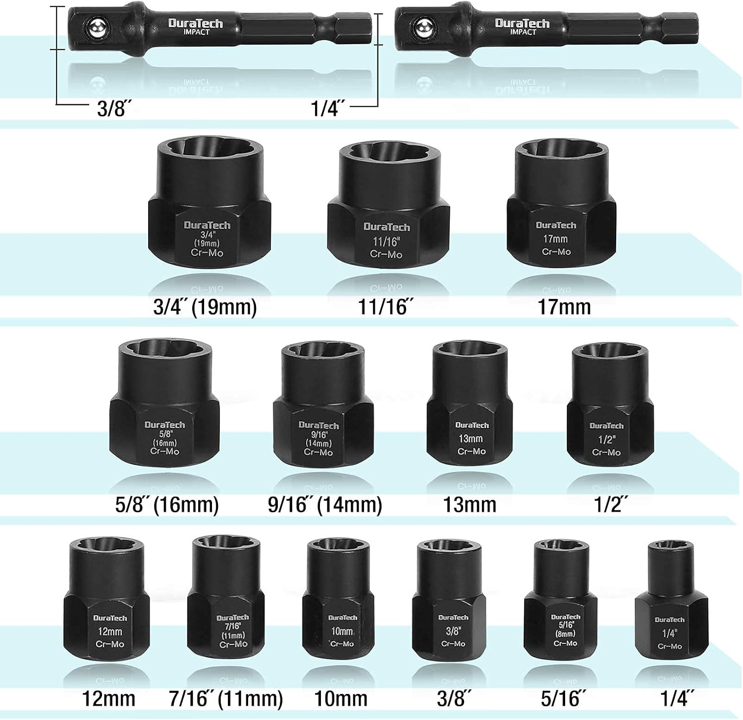DURATECH 15-piece Impact Bolt & Nut Remover Set, 3/8&rdquo; Drive Bolt Extractor Socket Tool Set with 2 Hex Adapters, Storage Box, Premium CR-MO Steel Made, SAE & Metric