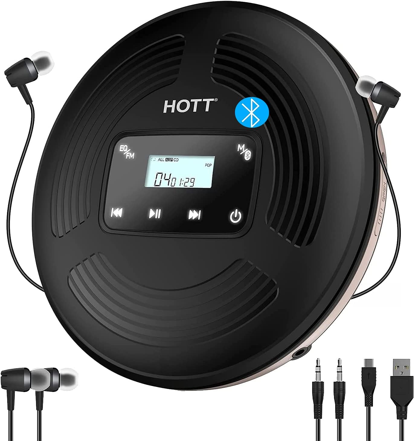 Portable CD Player HOTT CD903TF Bluetooth CD Player for Car with Speakers with FM Transmitter Rechargeable Built-in 1800mah Lithium Battery Touch Button Backlight Display for Home Travel and Car