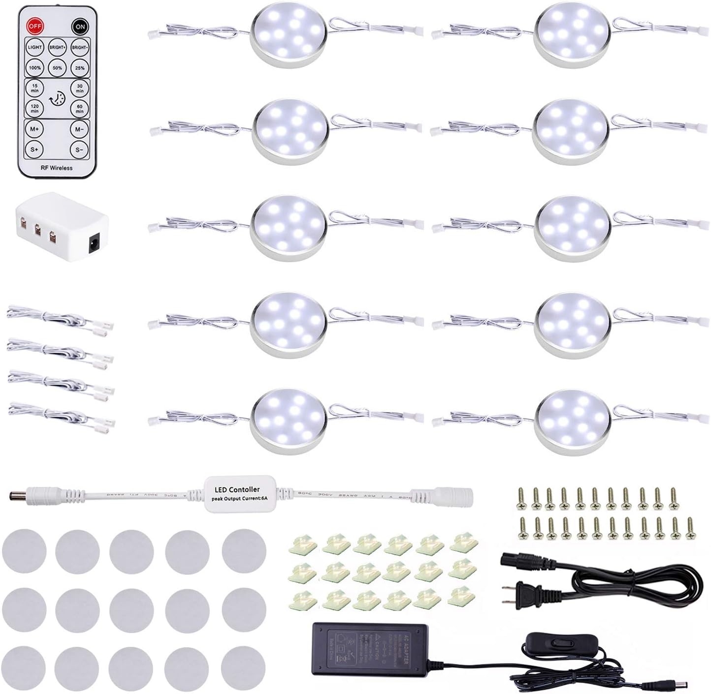 LED Dimmable Under Cabinet Lighting Kit,10 Pack Linkable Puck Lights with Remote Control,Hardwired Cabinet Lights with Timer for Kitchen Counter,Wardrobe,Bookcase (Day White)