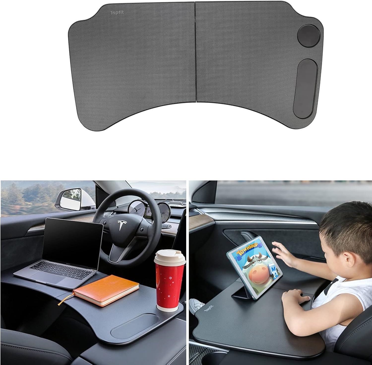 Newellev Tesla Model 3 Model Y Foldable Laptop Working Desk Eating Table Tray Accessories (Carbon Fiber Texture)… Pack of 2