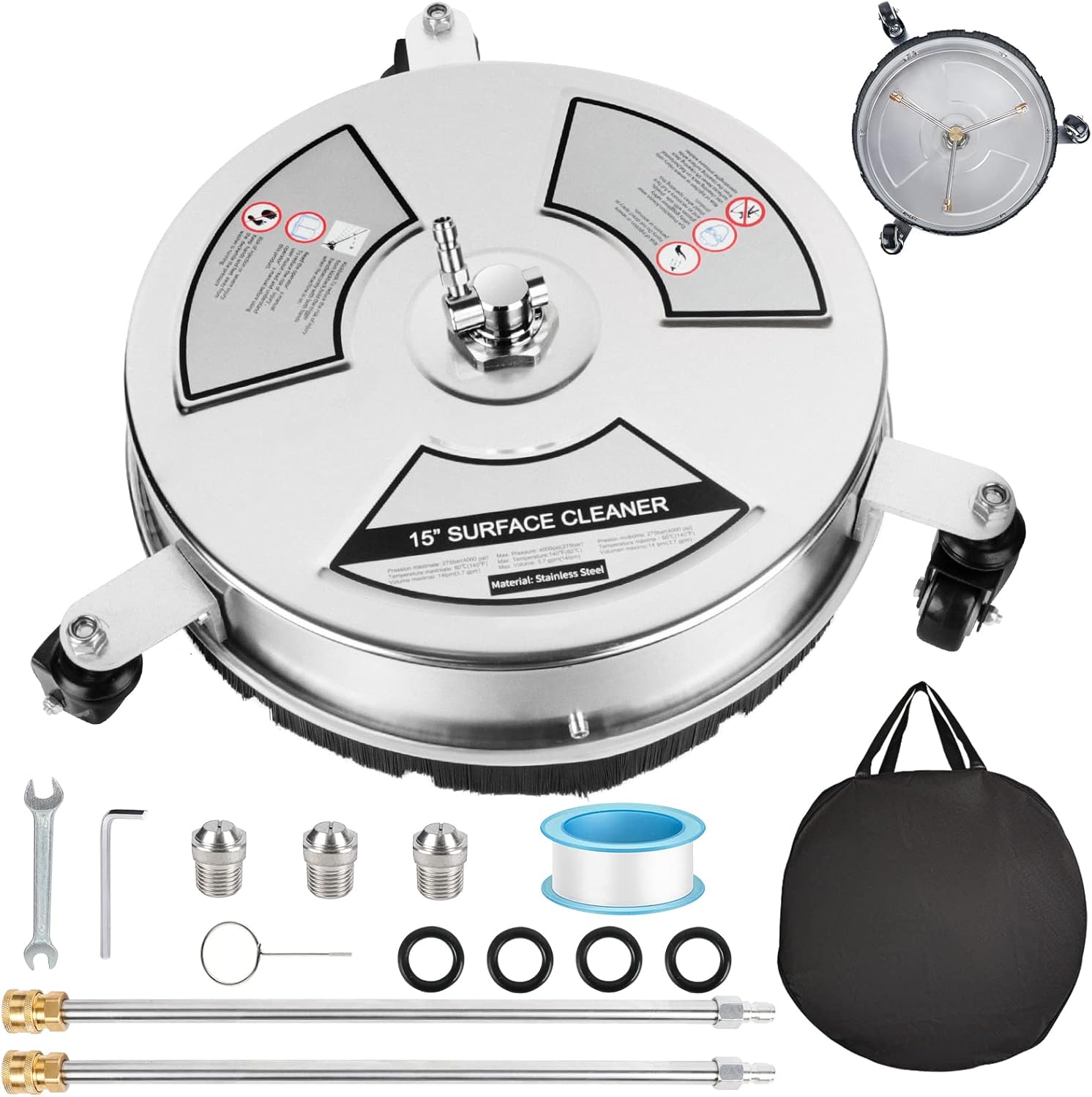 JinhzWin 15'' Pressure Washer Surface Cleaner, 4000 PSI Stainless Steel Surface Cleaner with 3 Wheels & 1/4