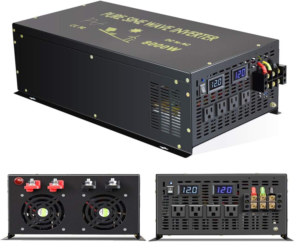 WZRELB 8000 Watt Max Continuous Power 16000 Watt Peak Heavy Duty Pure Sine Wave Inverter 12V DC to 120V AC 60HZ Truck/RV Converter Solar & Wind Power Supply for Home Camping Van