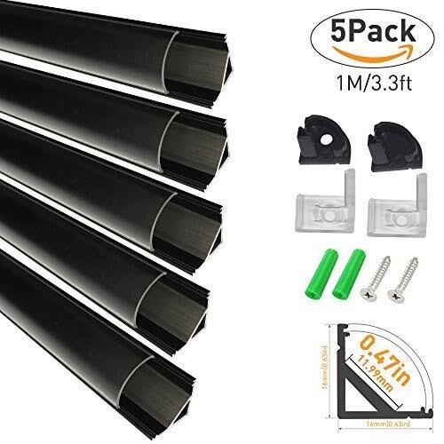 LightingWill Clear LED Aluminum Channel V Shape Corner Mounted 3.3ft/1m 5 Pack Anodized Black Profile for u003C12mm 5050 3528 LE